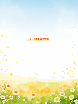 PSD 꽃밭 일러스트 여름꽃 하늘 해바라기 수채화 초원 사람없음 노란색 국내일러스트 꽃 컬러 파일형식 여름_계절