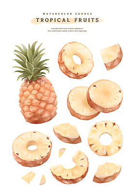 PSD 조각 스티커 잎 일러스트 단면 수채화 사람없음 노란색 파인애플 슬라이스 국내일러스트 식물 컬러 과일 열대과일 파일형식