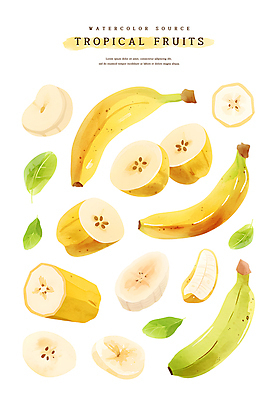 PSD 스티커 잎 일러스트 단면 수채화 바나나 사람없음 노란색 열대과일 슬라이스 국내일러스트 식물 컬러 과일 파일형식