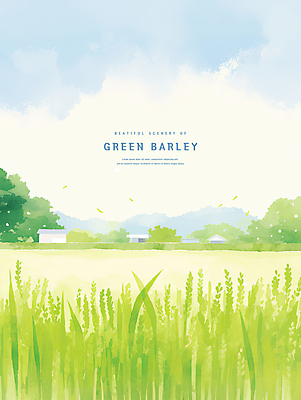 PSD 나무 구름 일러스트 자연 하늘 산 주택 초원 사람없음 연두색 봄풍경 시원함 감성 청보리 청보리밭 국내일러스트 자연요소 식물 컨셉 밭 풍경 건물 초록색 봄 생태계 보리 파일형식