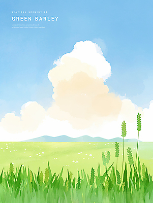 PSD 구름 일러스트 자연 하늘 초원 사람없음 연두색 봄풍경 시원함 감성 청보리 청보리밭 국내일러스트 자연요소 컨셉 밭 풍경 초록색 봄 생태계 보리 파일형식