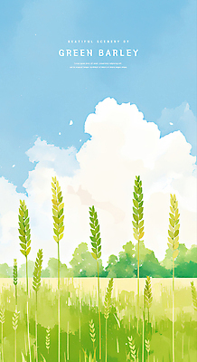 PSD 나무 구름 일러스트 자연 초원 사람없음 연두색 봄풍경 시원함 지평선 감성 청보리 청보리밭 국내일러스트 자연요소 식물 컨셉 밭 풍경 초록색 봄 생태계 보리 파일형식