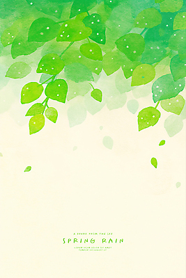 PSD 잎 일러스트 자연 나뭇잎 사람없음 초록색 봄풍경 봄비 빗방울 싱그러움 국내일러스트 식물 컬러 풍경 봄 비_날씨 생태계 파일형식