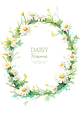 PSD 잎 일러스트 수채화 사람없음 화관 데이지 원형프레임 꽃프레임 국내일러스트 식물 꽃 프레임 원형 파일형식