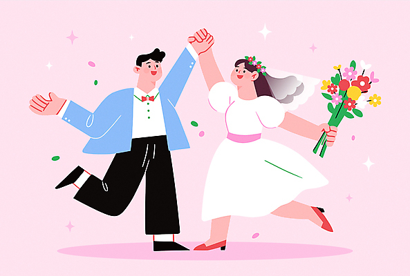 전신 커플 여자 남자 행복 분홍색 부케 웨딩드레스 결혼 일러스트 나비넥타이 면사포 사랑 들기 턱시도 성인 두명 반짝임 손잡기 봄 만세 로맨틱 춤 성인만 국내일러스트 AI파일 드레스 계절 감정 컬러 꽃다발 컨셉 관계 모션 넥타이 문화예술 사람 정장 이벤트 결혼소품 파일형식 벡터