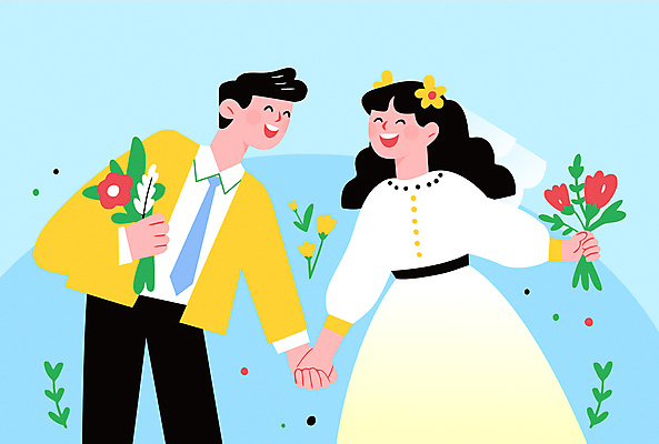 커플 여자 남자 행복 부케 웨딩드레스 하늘색 결혼 일러스트 나비넥타이 넥타이 면사포 사랑 웃음 들기 턱시도 성인 두명 손잡기 봄 만세 로맨틱 성인만 국내일러스트 AI파일 잡화 드레스 계절 감정 꽃다발 컨셉 관계 모션 표정 사람 정장 이벤트 파란색 결혼소품 파일형식 벡터