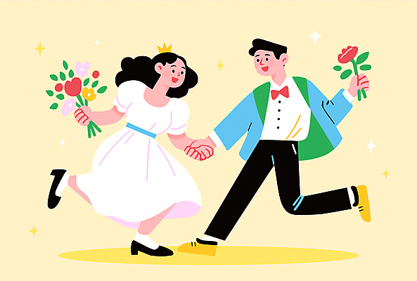 전신 커플 여자 남자 행복 부케 웨딩드레스 결혼 일러스트 나비넥타이 왕관 사랑 들기 턱시도 성인 두명 반짝임 노란색 손잡기 봄 로맨틱 춤 성인만 국내일러스트 AI파일 드레스 계절 감정 컬러 꽃다발 컨셉 관계 모션 넥타이 문화예술 사람 정장 이벤트 파일형식 벡터