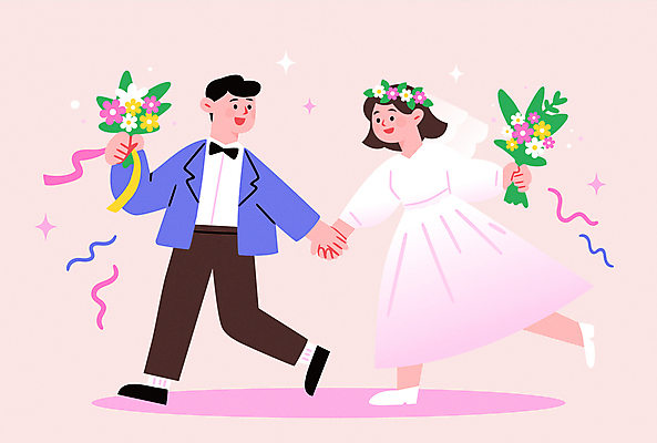 전신 커플 여자 남자 행복 리본 분홍색 부케 웨딩드레스 결혼 일러스트 나비넥타이 면사포 사랑 들기 턱시도 성인 두명 반짝임 걷기 손잡기 화관 봄 로맨틱 꽃가루 성인만 국내일러스트 AI파일 드레스 계절 꽃 감정 컬러 꽃다발 컨셉 관계 모션 넥타이 사람 정장 이벤트 가루 결혼소품 파일형식 벡터