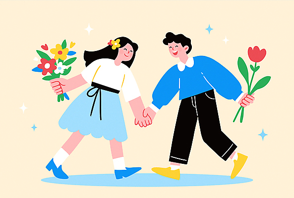 전신 커플 여자 남자 행복 결혼 일러스트 사랑 들기 성인 두명 마주보기 손잡기 봄 로맨틱 성인만 국내일러스트 AI파일 계절 감정 컨셉 관계 모션 사람 이벤트 파일형식 벡터