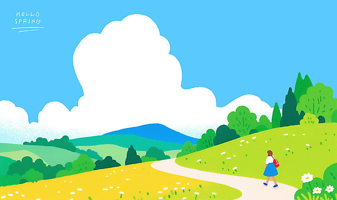 전신 PSD 나무 구름 여자 길 꽃밭 일러스트 하늘 산 한명 초원 성인 파란색 걷기 봄풍경 산책 언덕 데이지 감성 성인여자한명만 국내일러스트 자연요소 식물 1 꽃 컬러 컨셉 모션 휴식 사람 풍경 봄 여자한명만 성인여자만 파일형식