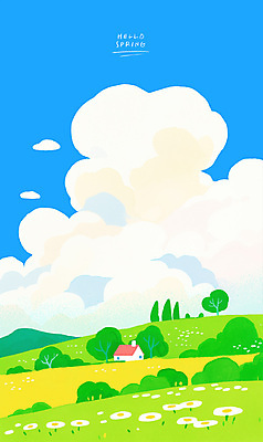 PSD 나무 구름 꽃밭 일러스트 하늘 주택 초원 사람없음 연두색 파란색 봄풍경 데이지 감성 국내일러스트 자연요소 식물 꽃 컬러 컨셉 풍경 건물 초록색 봄 파일형식