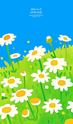 PSD 꽃밭 일러스트 하늘 사람없음 연두색 봄풍경 데이지 감성 국내일러스트 꽃 컨셉 풍경 초록색 봄 파일형식