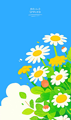 PSD 구름 일러스트 하늘 사람없음 초록색 파란색 봄풍경 꽃봉오리 데이지 감성 국내일러스트 자연요소 꽃 컬러 컨셉 풍경 봄 파일형식