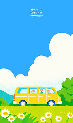 PSD 구름 여자 남자 어린이 여행 꽃밭 일러스트 가족 자동차 하늘 소녀 소년 초원 성인 세명 파란색 봄풍경 데이지 감성 국내일러스트 자연요소 꽃 육상교통 컬러 컨셉 관계 사람 풍경 봄 파일형식