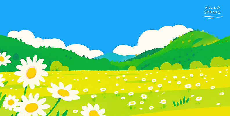 PSD 구름 꽃밭 일러스트 하늘 산 초원 사람없음 연두색 봄풍경 데이지 감성 산맥 국내일러스트 자연요소 꽃 컨셉 풍경 초록색 봄 파일형식
