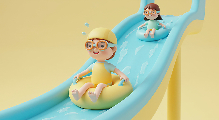 JPG 전신 편집이미지 여자 남자 수영복 어린이 하늘색 물놀이 소녀 소년 두명 여름 3D 잡기 물안경 즐거움 수영모 튜브 워터슬라이드 워터파크 어린이만 편집3D AI컴퓨터그래픽 AI콘텐츠 옷 계절 감정 모션 놀이 수영장 사람 파란색 디지털합성 수영용품 파일형식