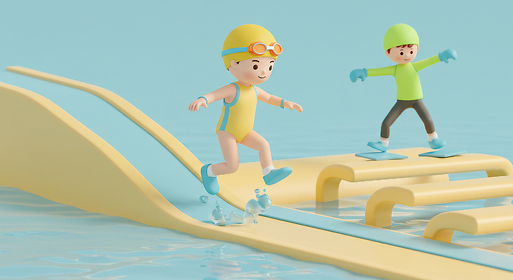 JPG 전신 편집이미지 남자 수영복 어린이 하늘색 물놀이 팔벌리기 소년 두명 여름 달리기 3D 점프 물안경 즐거움 수영모 워터슬라이드 워터파크 소년만 편집3D AI컴퓨터그래픽 AI콘텐츠 옷 계절 감정 모션 놀이 수영장 사람 파란색 디지털합성 수영용품 남자만 어린이만 파일형식