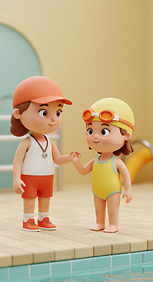 JPG 전신 편집이미지 여자 수영복 어린이 물놀이 안전 소녀 성인 두명 여름 노란색 3D 손잡기 호루라기 물안경 타일 즐거움 수영모 안전요원 워터파크 캡모자 여자만 편집3D AI컴퓨터그래픽 AI콘텐츠 모자_잡화 옷 계절 감정 컬러 모션 놀이 수영장 사람 디지털합성 수영용품 파일형식