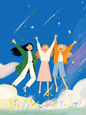 JPG 전신 구름 여자 꽃 일러스트 밤하늘 하늘 함께함 웃음 초원 성인 세명 파란색 친구 반짝임 손들기 점프 기쁨 만세 유성 즐거움 활기 성인여자만 국내일러스트 AI일러스트 AI콘텐츠 자연요소 식물 감정 컬러 컨셉 관계 모션 표정 사람 야간 여자만 성인만 파일형식