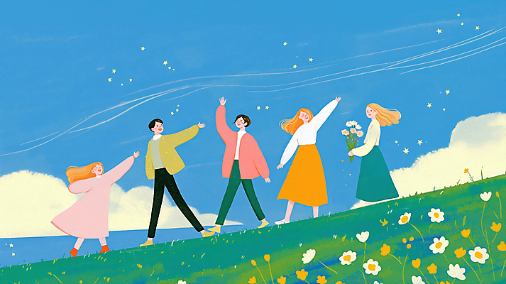 JPG 전신 구름 여자 남자 꽃다발 꽃밭 일러스트 하늘 함께함 웃음 들기 초원 여러명 성인 파란색 친구 손들기 기쁨 들꽃 즐거움 활기 손뻗기 성인만 국내일러스트 AI일러스트 AI콘텐츠 자연요소 꽃 감정 컬러 다수 컨셉 관계 모션 표정 사람 파일형식