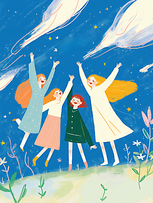 JPG 전신 구름 여자 꽃 일러스트 밤하늘 하늘 함께함 웃음 초원 여러명 성인 파란색 친구 눈감음 기쁨 즐거움 활기 성인여자만 국내일러스트 AI일러스트 AI콘텐츠 자연요소 식물 감정 컬러 다수 컨셉 관계 모션 표정 사람 야간 여자만 성인만 파일형식