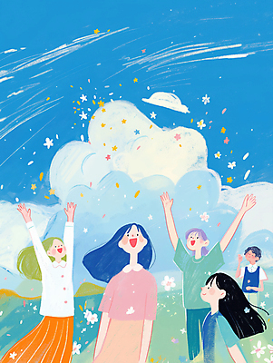 JPG 구름 여자 꽃 일러스트 하늘 함께함 웃음 초원 여러명 성인 파란색 친구 기쁨 만세 즐거움 활기 성인여자만 국내일러스트 AI일러스트 AI콘텐츠 자연요소 식물 감정 컬러 다수 컨셉 관계 모션 표정 사람 여자만 성인만 파일형식