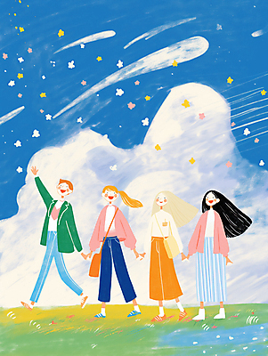 JPG 전신 구름 여자 남자 꽃 일러스트 하늘 함께함 웃음 잔디 초원 여러명 성인 파란색 친구 손들기 걷기 기쁨 즐거움 크로스백 활기 성인만 국내일러스트 AI일러스트 AI콘텐츠 자연요소 식물 감정 컬러 다수 컨셉 가방 관계 모션 표정 사람 파일형식