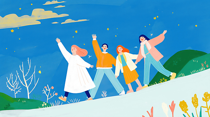 JPG 전신 나무 구름 여자 남자 일러스트 하늘 산 함께함 웃음 초원 여러명 성인 파란색 친구 손들기 목도리 기쁨 즐거움 활기 성인만 국내일러스트 AI일러스트 AI콘텐츠 자연요소 식물 잡화 감정 컬러 다수 컨셉 관계 모션 표정 사람 파일형식