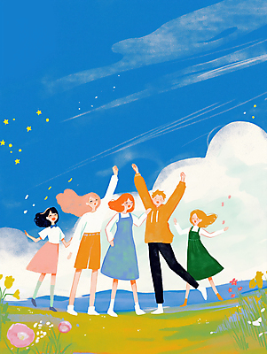 JPG 전신 구름 여자 남자 일러스트 밤하늘 하늘 산 함께함 웃음 잔디 초원 여러명 성인 파란색 친구 손들기 기쁨 만세 들꽃 즐거움 활기 성인만 국내일러스트 AI일러스트 AI콘텐츠 자연요소 식물 꽃 감정 컬러 다수 컨셉 관계 모션 표정 사람 야간 파일형식