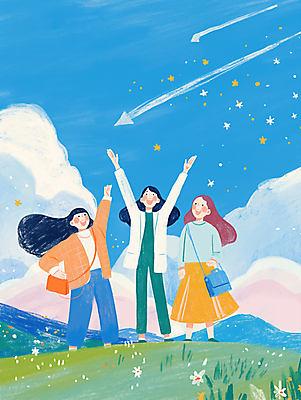 JPG 전신 구름 여자 일러스트 하늘 산 함께함 웃음 들기 잔디 초원 성인 세명 파란색 친구 손들기 기쁨 만세 즐거움 크로스백 활기 성인여자만 국내일러스트 AI일러스트 AI콘텐츠 자연요소 식물 감정 컬러 컨셉 가방 관계 모션 표정 사람 여자만 성인만 파일형식