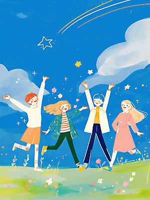 JPG 전신 구름 여자 남자 일러스트 밤하늘 하늘 함께함 웃음 잔디 초원 여러명 성인 파란색 친구 손들기 기쁨 만세 유성 즐거움 활기 다리들기 성인만 국내일러스트 AI일러스트 AI콘텐츠 자연요소 식물 감정 컬러 다수 컨셉 관계 모션 표정 사람 야간 파일형식