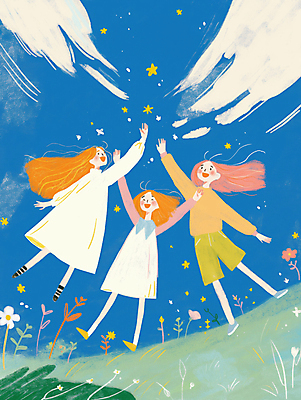 JPG 전신 구름 여자 어린이 일러스트 하늘 함께함 웃음 소녀 초원 세명 파란색 친구 손들기 기쁨 만세 들꽃 즐거움 하이파이브 활기 소녀만 국내일러스트 AI일러스트 AI콘텐츠 자연요소 꽃 감정 컬러 컨셉 관계 모션 표정 사람 손짓 여자만 어린이만 파일형식