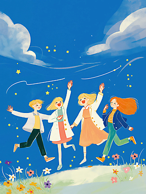 JPG 전신 구름 여자 남자 일러스트 밤하늘 하늘 팔벌리기 함께함 웃음 잔디 초원 여러명 성인 파란색 친구 손들기 점프 기쁨 들꽃 언덕 즐거움 활기 성인만 국내일러스트 AI일러스트 AI콘텐츠 자연요소 식물 꽃 감정 컬러 다수 컨셉 관계 모션 표정 사람 야간 파일형식