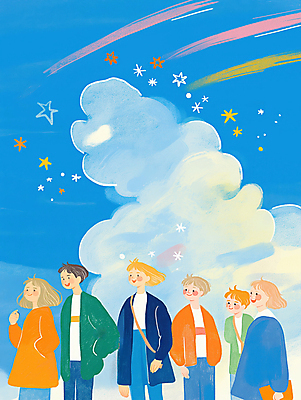 JPG 구름 여자 남자 일러스트 밤하늘 하늘 함께함 웃음 초원 여러명 성인 파란색 친구 기쁨 유성 즐거움 주머니손 활기 성인만 국내일러스트 AI일러스트 AI콘텐츠 자연요소 감정 컬러 다수 컨셉 관계 모션 표정 사람 야간 파일형식