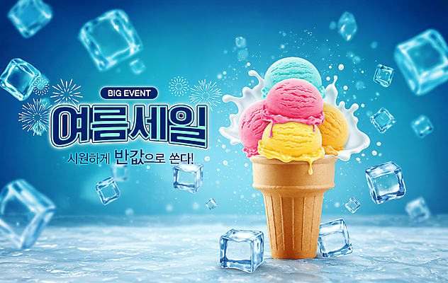 PSD 편집이미지 여행 휴가 아이스크림 폭죽 이벤트 사람없음 여름 파란색 얼음 차가움 시원함 콘아이스크림 반값 스플래쉬 이미지편집 자연요소 계절 컬러 디저트 세일 파일형식