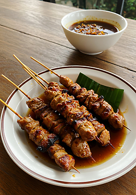 JPG 편집이미지 그릇 접시 요리 사람없음 닭고기 전통음식 소스 말레이시아 나무탁자 바나나잎 맛있는 편집실사 사테 AI포토 AI콘텐츠 전통 식기 아시아 음식 잎 탁자 육류 양념 CG 꼬치구이 동남아음식 파일형식