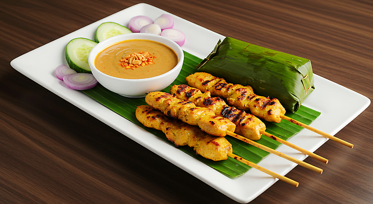 JPG 편집이미지 접시 오이 요리 사람없음 닭고기 전통음식 말레이시아 나무탁자 땅콩소스 바나나잎 샬롯 맛있는 편집실사 사테 AI포토 AI콘텐츠 전통 식기 아시아 음식 잎 채소 탁자 양파 육류 소스_음식 CG 꼬치구이 동남아음식 파일형식