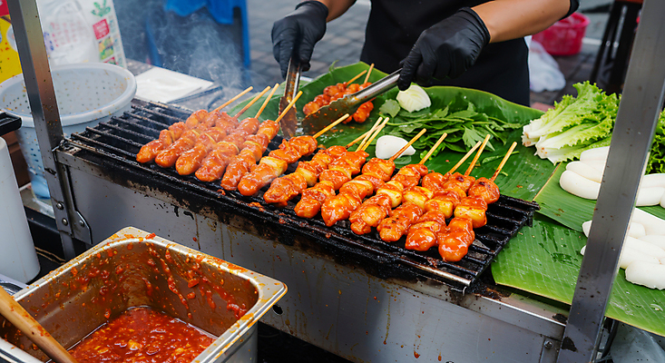 JPG 편집이미지 손 채소 집게 요리 신체부위 닭고기 전통음식 잡기 그릴 바비큐 굽기 화로 위생장갑 말레이시아 소스통 맛있는 편집실사 사테 AI인물포토 AI콘텐츠 전통 그릇 아시아 음식 장갑 모션 주방용품 통 육류 사람 소스_음식 구이 CG 꼬치구이 동남아음식 파일형식 AI포토
