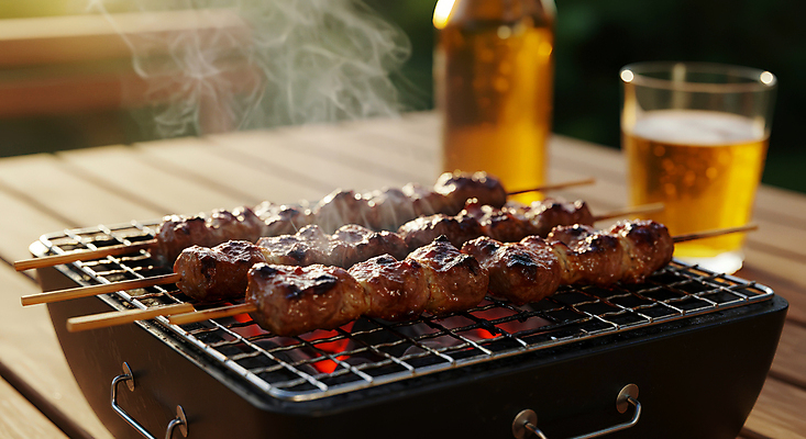 JPG 편집이미지 잔 맥주 요리 사람없음 닭고기 전통음식 그릴 수증기 바비큐 굽기 맥주병 화로 말레이시아 나무탁자 맛있는 편집실사 사테 AI포토 AI콘텐츠 전통 그릇 식기 아시아 음식 탁자 주방용품 술병 주류 육류 구이 CG 꼬치구이 동남아음식 파일형식