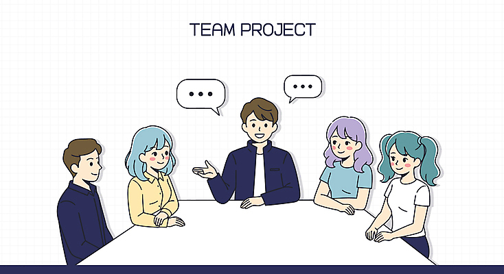 여자 남자 말풍선 일러스트 협력 대화 앉기 여러명 상반신 성인 손들기 책상 프로젝트 성인만 국내일러스트 AI파일 가구 다수 모션 말하기 사람 파일형식 벡터