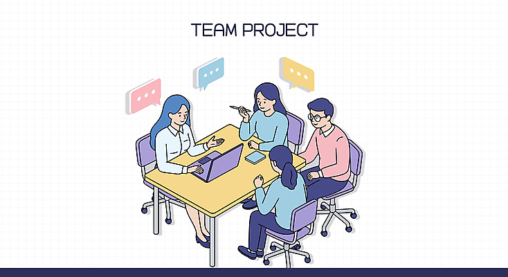 전신 여자 남자 말풍선 일러스트 협력 대화 들기 앉기 여러명 성인 노트북 볼펜 공책 책상 의견 바퀴의자 프로젝트 성인만 안경낌 국내일러스트 AI파일 안경 가구 다수 의자 모션 문구용품 말하기 사람 전자제품 펜 파일형식 벡터