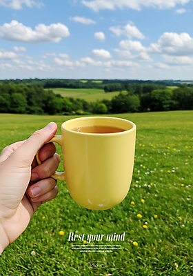 PSD 나무 편집이미지 손 여행 자연 하늘 티타임 휴식 들기 초원 신체부위 평화 고요 여름풍경 머그컵 차 민들레 힐링 이미지편집 식물 꽃 음료 컨셉 모션 사람 풍경 컵 생태계 파일형식 여름_계절