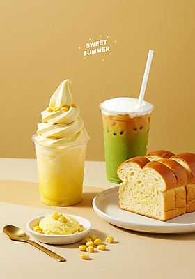 PSD 편집이미지 포스터 옥수수 사람없음 여름 노란색 카페 식빵 메뉴 소프트아이스크림 냉음료 녹차라떼 시즌상품 신상품 옥수수알갱이 우유거품 이미지편집 계절 음료 빵 컬러 아이스크림 곡류 상점 거품 상품 라떼 파일형식