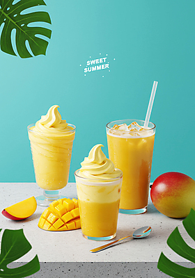 PSD 편집이미지 포스터 조각 하늘색 단면 잔 빨대 사람없음 여름 숟가락 카페 메뉴 대리석 소프트아이스크림 냉음료 망고주스 몬스테라 스무디 시즌상품 신상품 애플망고 망고아이스크림 이미지편집 식물 식기 계절 음료 재료 아이스크림 수저 파란색 상점 과일주스 상품 망고 파일형식