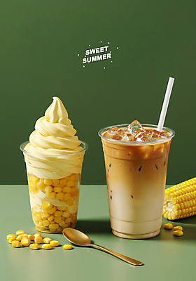 PSD 편집이미지 포스터 빨대 옥수수 사람없음 초록색 여름 숟가락 얼음 카페 메뉴 소프트아이스크림 냉음료 라떼 시즌상품 신상품 옥수수알갱이 이미지편집 자연요소 계절 커피 음료 컬러 아이스크림 곡류 수저 상점 상품 파일형식