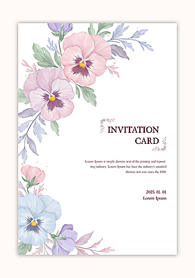 PSD 템플릿 잎 카드템플릿 수채화 사람없음 초대장 팬지 카피스페이스 이미지템플릿 식물 꽃 카드_감사 공백 파일형식