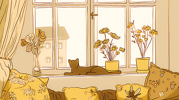 JPG 한마리 화분 엎드리기 쿠션 일러스트 실내 따뜻함 사람없음 건물 소파 햇빛 노란색 꽃병 고양이 커튼 창가 오후 국내일러스트 AI일러스트 AI콘텐츠 1 건축물 꽃 컬러 의자 창문 포유류 모션 내부 반려동물 태양 파일형식