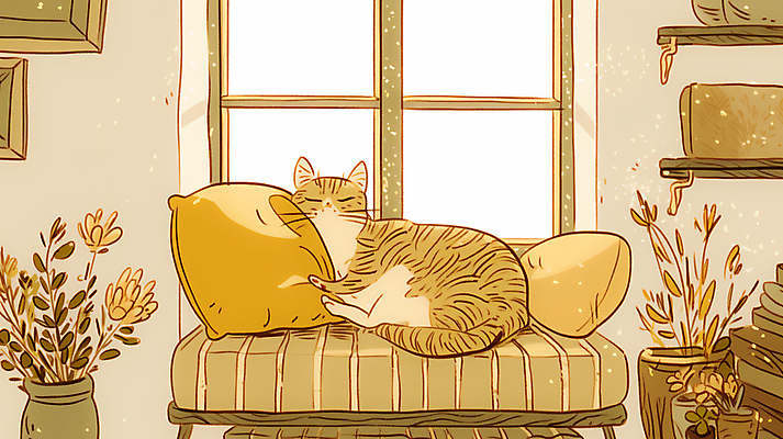 JPG 식물 한마리 화분 쿠션 일러스트 선반 실내 따뜻함 사람없음 소파 눕기 햇빛 노란색 고양이 잠 창가 오후 국내일러스트 AI일러스트 AI콘텐츠 1 컬러 가구 의자 창문 포유류 모션 내부 반려동물 태양 파일형식