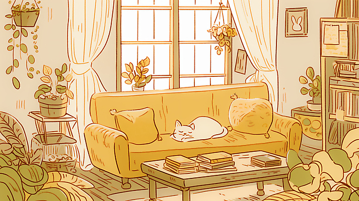 JPG 식물 한마리 엎드리기 액자 쿠션 거실 일러스트 탁자 책장 따뜻함 사람없음 소파 햇빛 노란색 고양이 잠 커튼 창가 오후 책더미 행잉플랜트 국내일러스트 AI일러스트 AI콘텐츠 1 화분 컬러 가구 의자 창문 포유류 모션 책 반려동물 태양 무더기 파일형식