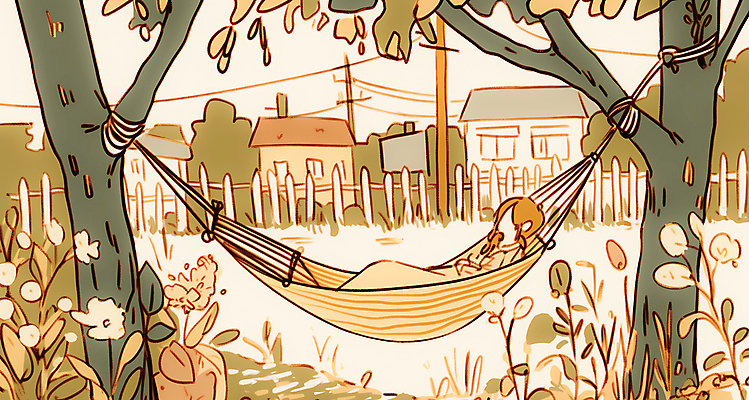 JPG 전신 나무 여자 꽃 일러스트 청소년 주택 따뜻함 한명 잔디 울타리 눕기 노란색 마을 전봇대 해먹 뒷마당 오후 십대여자한명만 국내일러스트 AI일러스트 AI콘텐츠 식물 1 공공시설 컬러 모션 사람 건물 담장 침대 여자한명만 십대여자만 파일형식